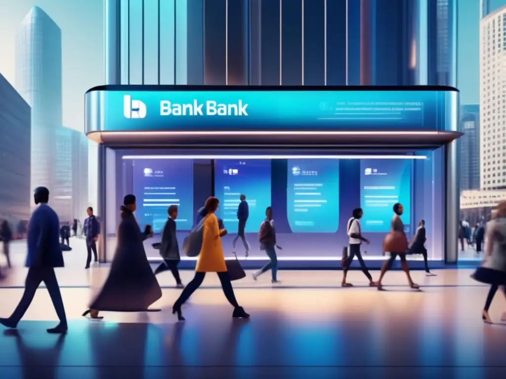 Transformación digital: Transacciones financieras en la ciudad Personas de diversas edades y orígenes utilizan smartphones para transferencias digitales en un banco moderno y futurista