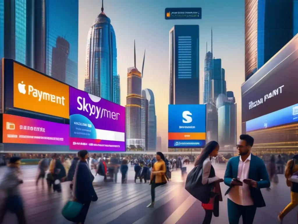 Diversidad digital: Pago móvil en ciudad vibrante Personas de diversas etnias usan plataformas tradicionales compitiendo con nuevas tecnologías en una concurrida calle de la ciudad, con modernos rascacielos de fondo y logos de apps de pago digital en vallas electrónicas