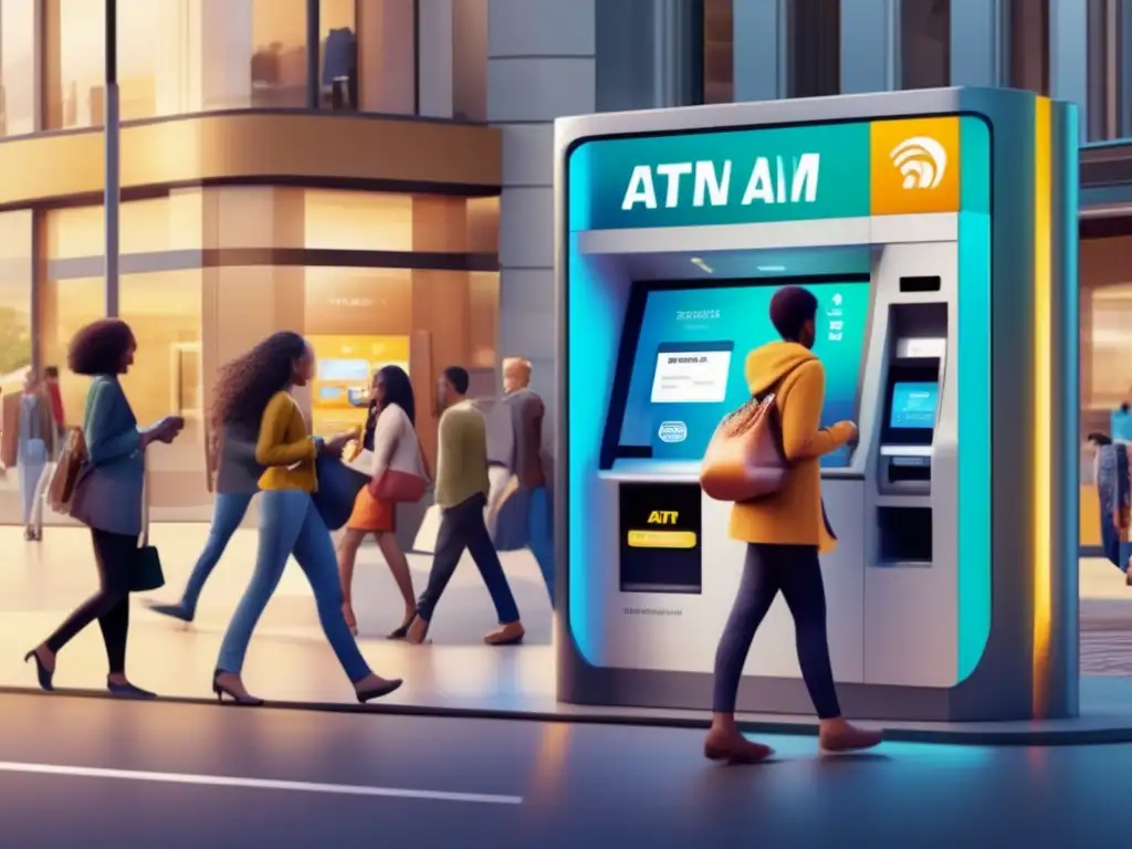 Transacciones digitales en la ciudad: ATM moderno y diversidad Personas realizando transferencias digitales en un cajero automático moderno en una bulliciosa calle de la ciudad