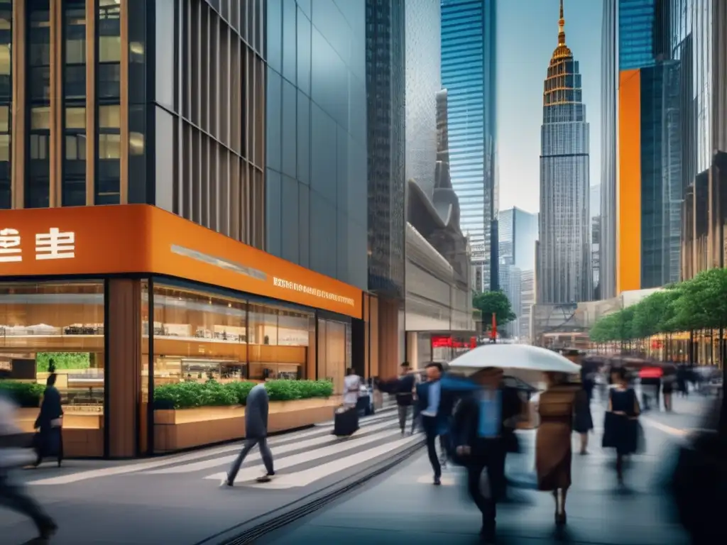 Contraste urbano: tradición y tecnología en la evolución financiera Una pintoresca calle de la ciudad con tiendas tradicionales y modernos rascacielos, reflejando la coexistencia de plataformas tradicionales compitiendo con nuevas tecnologías en el paisaje urbano