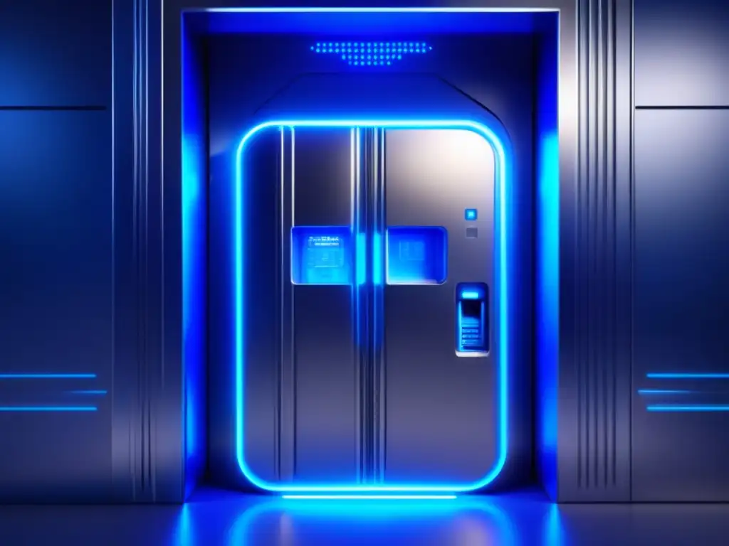 Impresionante puerta de bóveda bancaria futurista con alta seguridad Una puerta de cámara acorazada futurista con medidas de seguridad avanzadas, iluminada por una luz azul suave