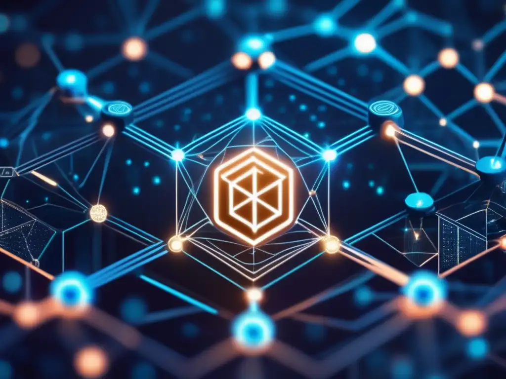 Intrincado patrón de blockchain: Futurista, hightech - Una red de blockchain ultradetallada y futurista, con nodos brillantes interconectados por líneas luminosas en un patrón tridimensional complejo