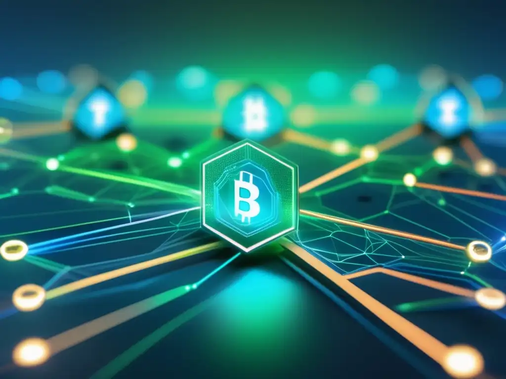 Protección criptomoneda: Red blockchain futurista segura Una red blockchain transparente y futurista con nodos brillantes, mostrando medidas para proteger criptomonedas vulnerables