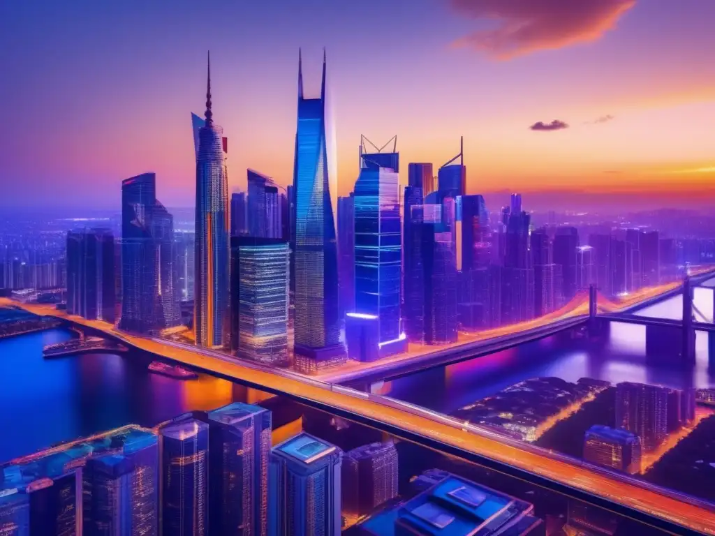 Horizonte urbano moderno en la puesta de sol: éxito y conectividad en la transferencia de dinero en línea El resplandor de la ciudad moderna al atardecer refleja el éxito y la conectividad de las estrategias exitosas de envío de dinero online