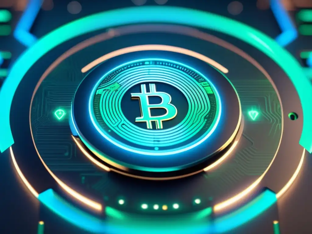 Impresionante sistema de seguridad de criptomonedas en 8k Un sistema de seguridad futurista para proteger criptomonedas vulnerables, con hardware metálico brillante y luces azules y verdes