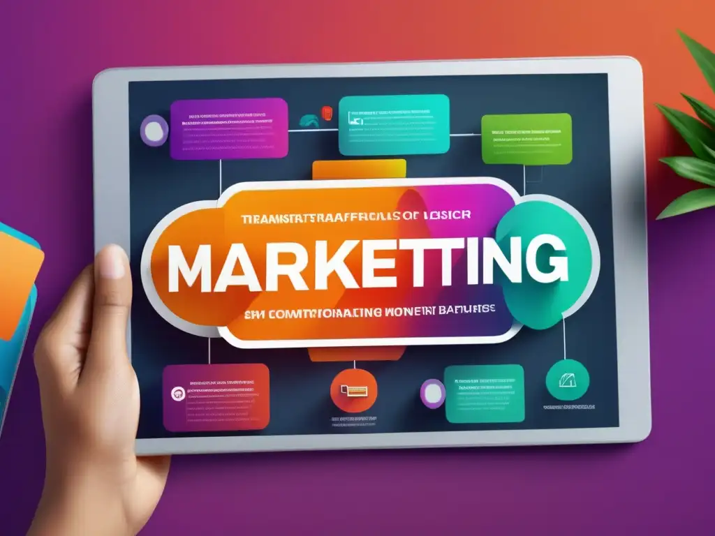 Flujo de estrategia de marketing para transferencias de dinero Una tableta digital muestra un moderno flujo de estrategias de marketing para plataformas de envío de dinero, con colores vibrantes y elementos visuales dinámicos