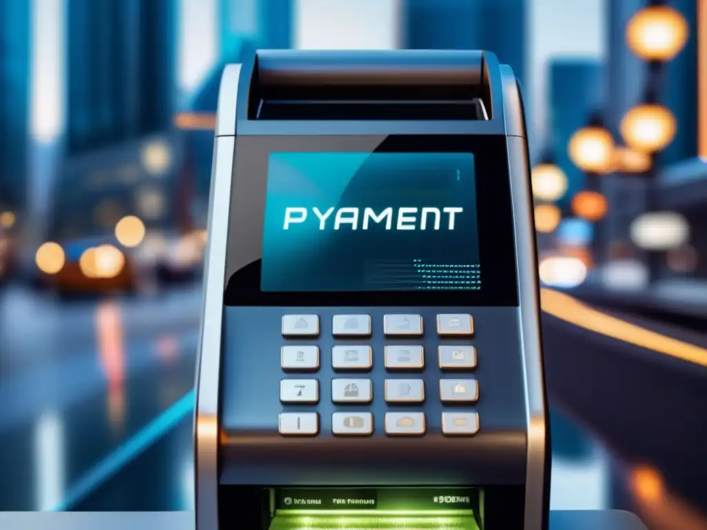 Ultima tecnología: Terminal de pago en la ciudad- Un terminal de pago futurista muestra una transacción digital, integrando tecnología financiera en la vida urbana
