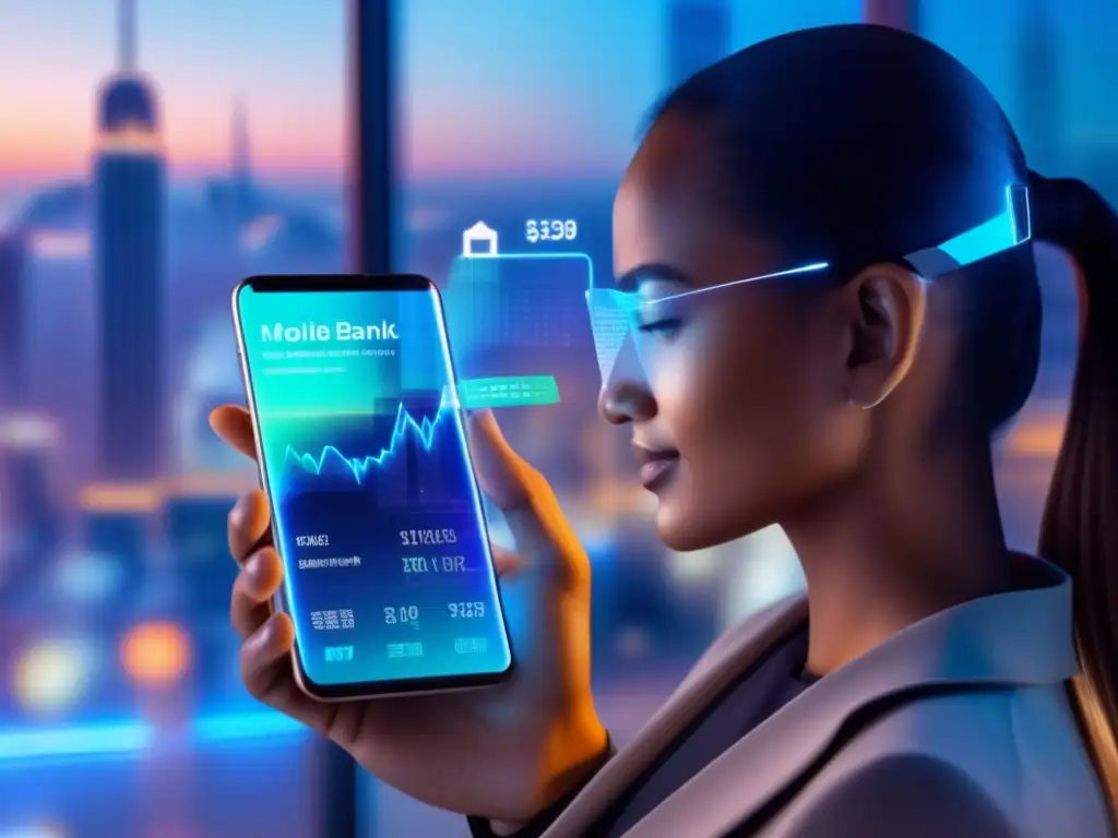 Futuro financiero: Banca móvil holográfica y urbana Un usuario utiliza una aplicación de banca móvil avanzada en un teléfono transparente, rodeado de datos financieros holográficos