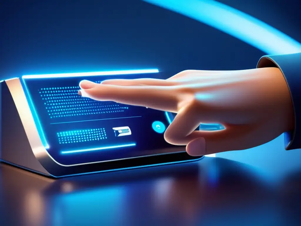 Ingreso seguro de contraseña: tecnología futurista y confianza Un usuario seguro ingresa su contraseña en un dispositivo futurista, destacando la importancia de la seguridad en transferencias de dinero