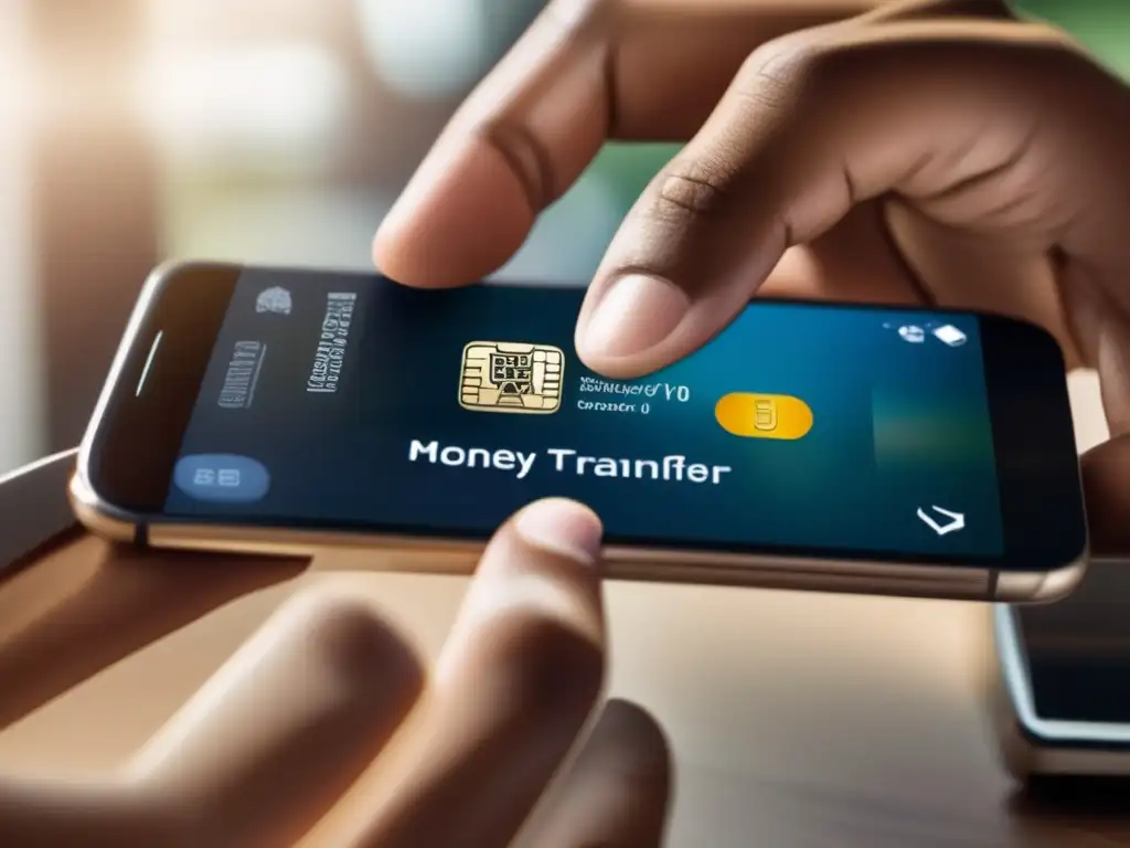 Transferencia de dinero: manos hábiles en app bancaria moderna Un usuario experimentado realiza una transferencia de dinero en una app bancaria, destacando la experiencia de usuario en transferencias de dinero