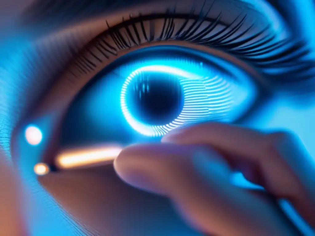 Acceso seguro: Biometría futurista para cuentas financieras online Un usuario utiliza un sistema biométrico futurista para acceder a sus cuentas financieras en línea