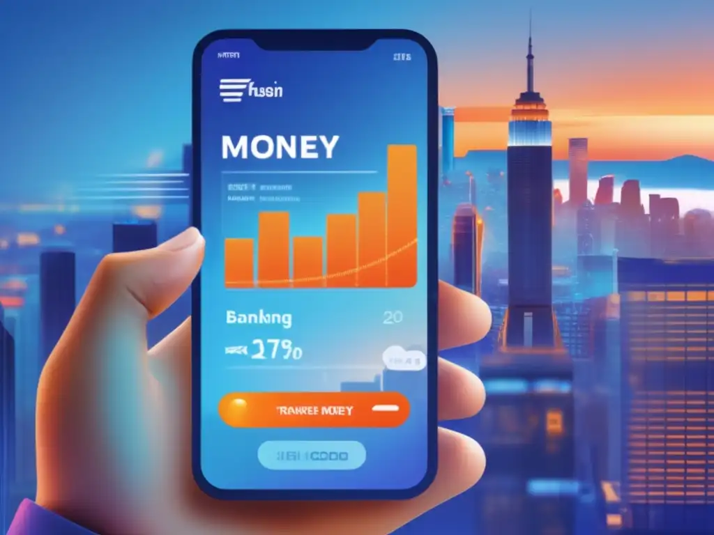 Transferencia de dinero en la ciudad: app de banca móvil Un usuario realiza una transferencia de dinero con una app bancaria en una ciudad