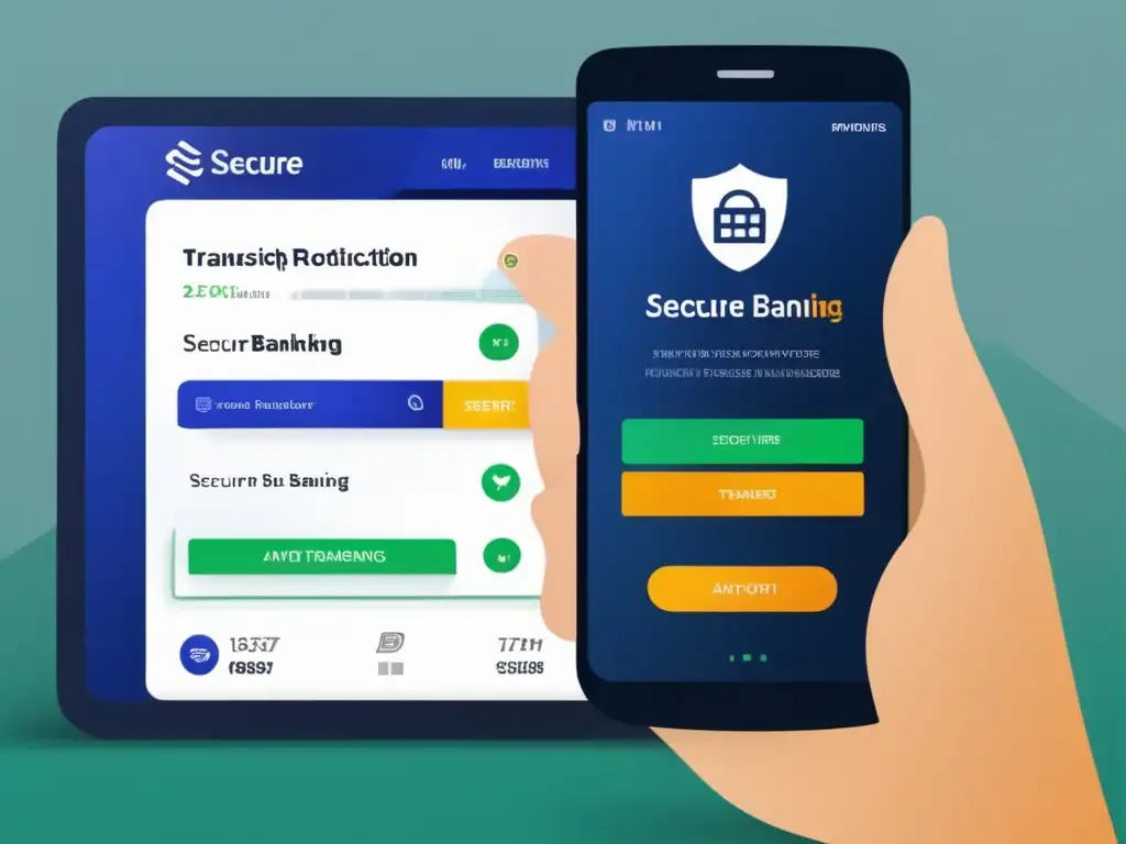 Interfaz bancaria segura: transferencia de dinero y prevención de fraudes Un usuario realiza una transferencia segura en una interfaz de banca online, con encriptación avanzada y autenticación multifactor