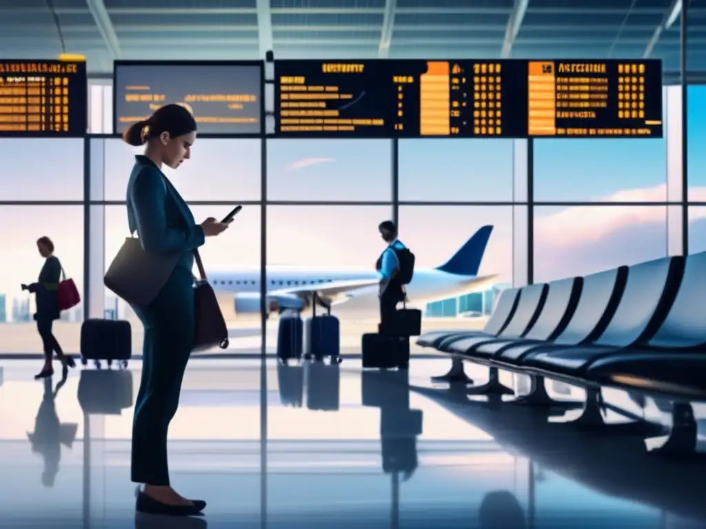 Preocupación en aeropuerto: vuelo cancelado y reembolso Un viajero preocupado revisa su teléfono en una terminal de aeropuerto moderna, rodeado de personal de aerolínea y pantallas con información de cancelaciones y reembolsos