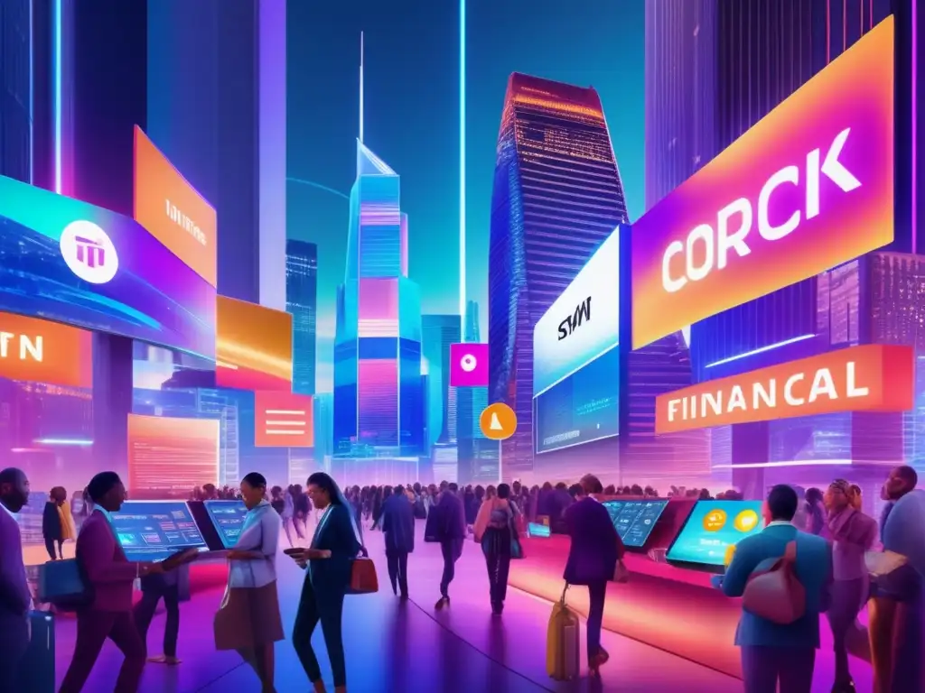 Escena futurista de transacciones financieras digitales en la ciudad Vibrante distrito financiero con tecnología de vanguardia y personas realizando transacciones digitales en smartphones y tablets