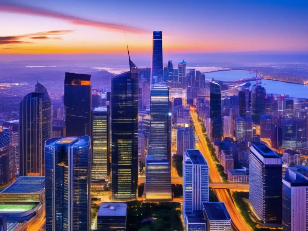 Atardecer vibrante: ciudad moderna en evolución Vista aérea de una ciudad bulliciosa al atardecer, con rascacielos modernos iluminados